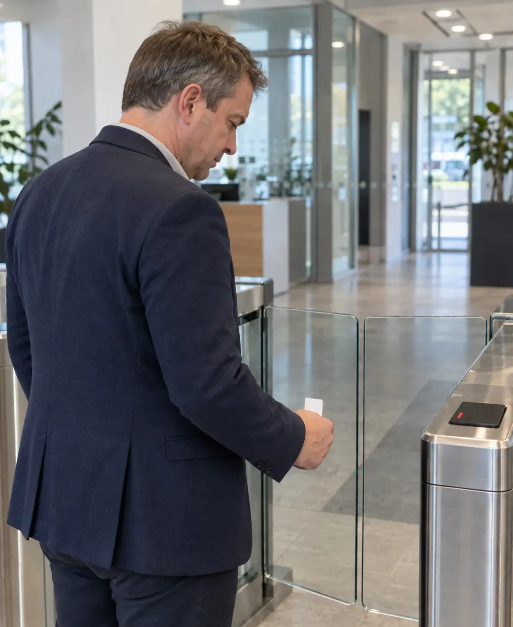 Un dirigeant tenant son badge devant un tourniquet fermé dans le hall d’un bureau français